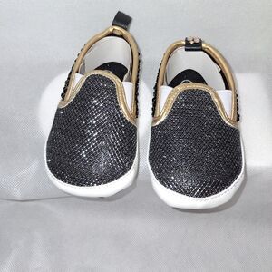 Stylish Black and Gold Kids Shoes. Hand Rmbellished
